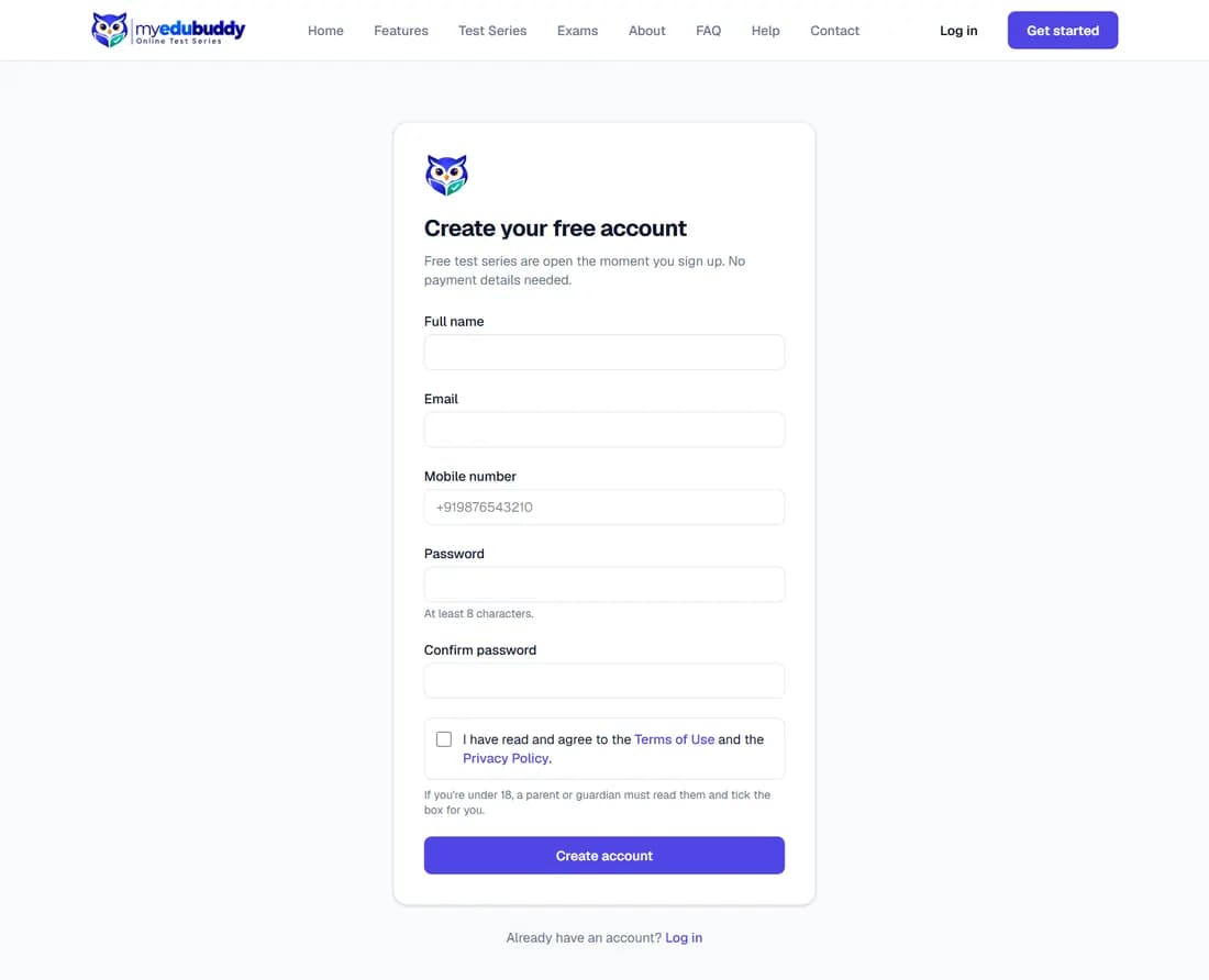 The form for creating a free account