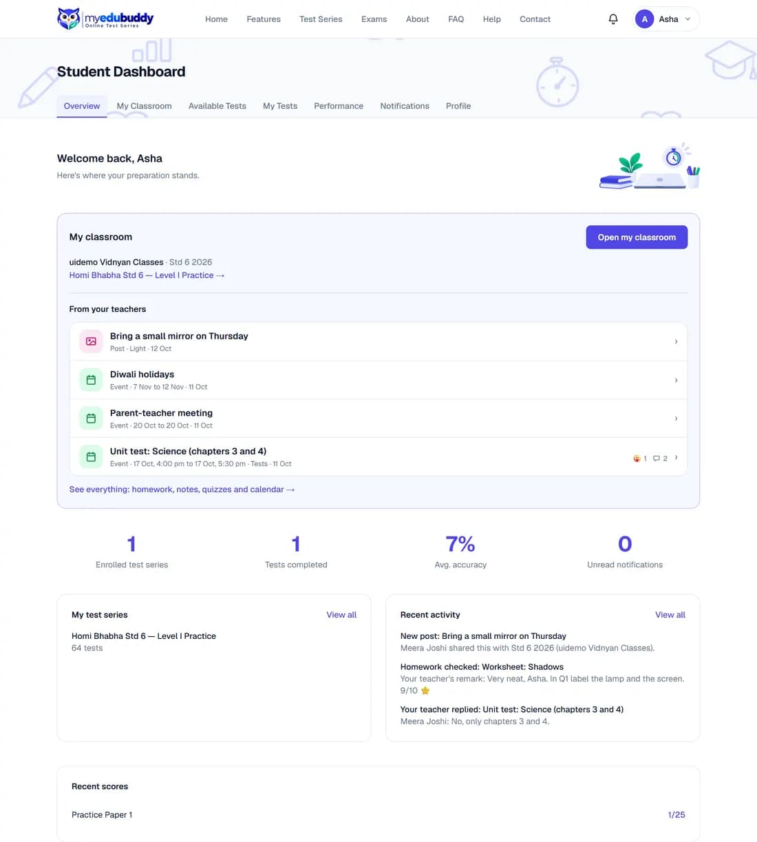 The student dashboard