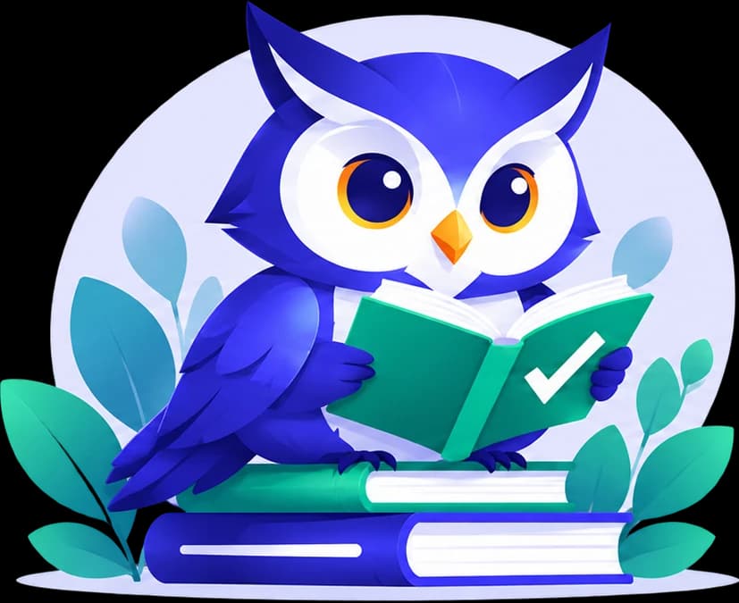 The myedubuddy owl reading a book marked with a tick, sitting on a stack of books