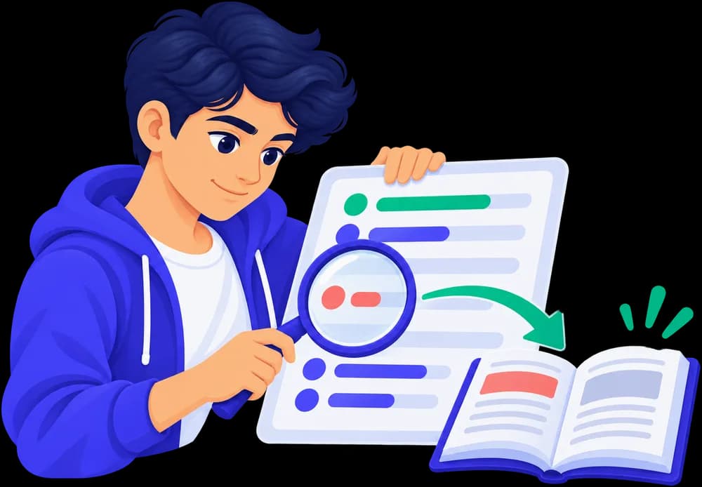 A student using a magnifying glass to find the weakest subject on a results sheet