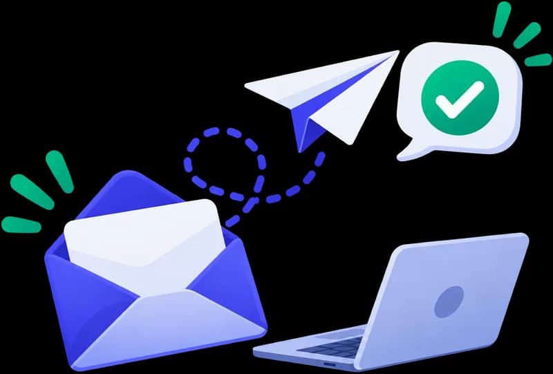A paper plane flying out of an envelope toward a chat bubble
