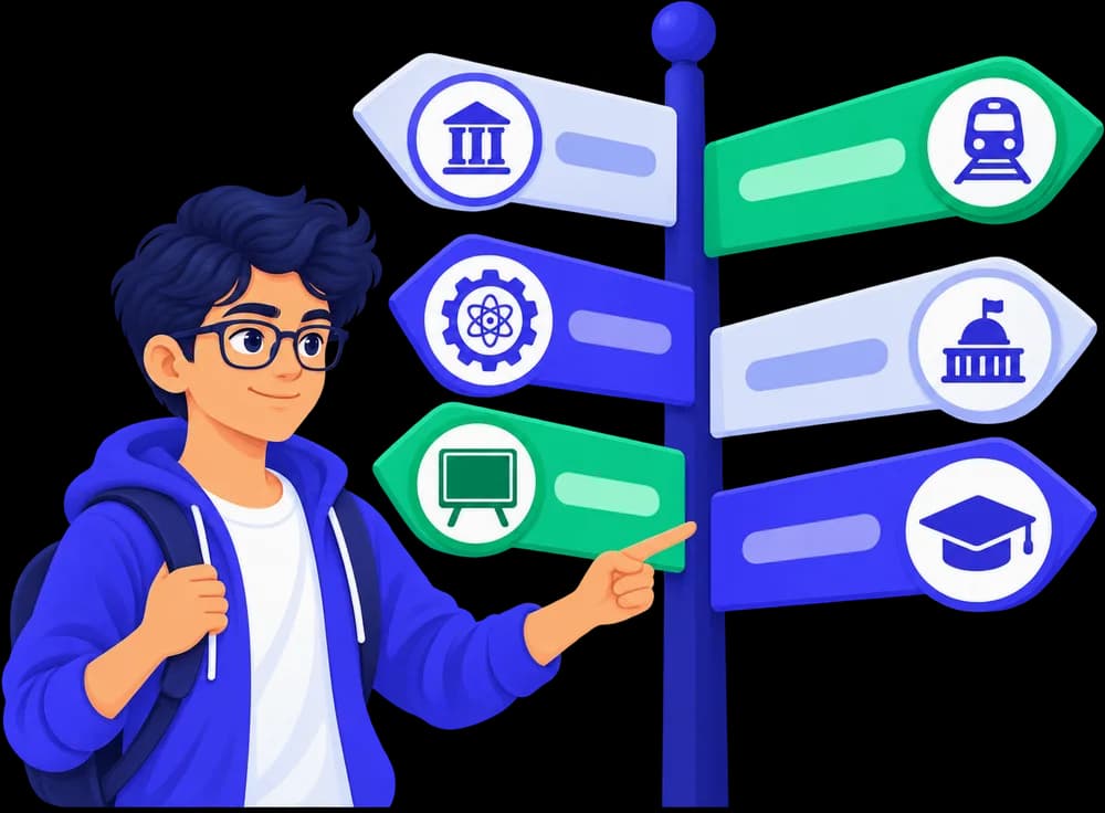 A student at a signpost pointing to different exam paths