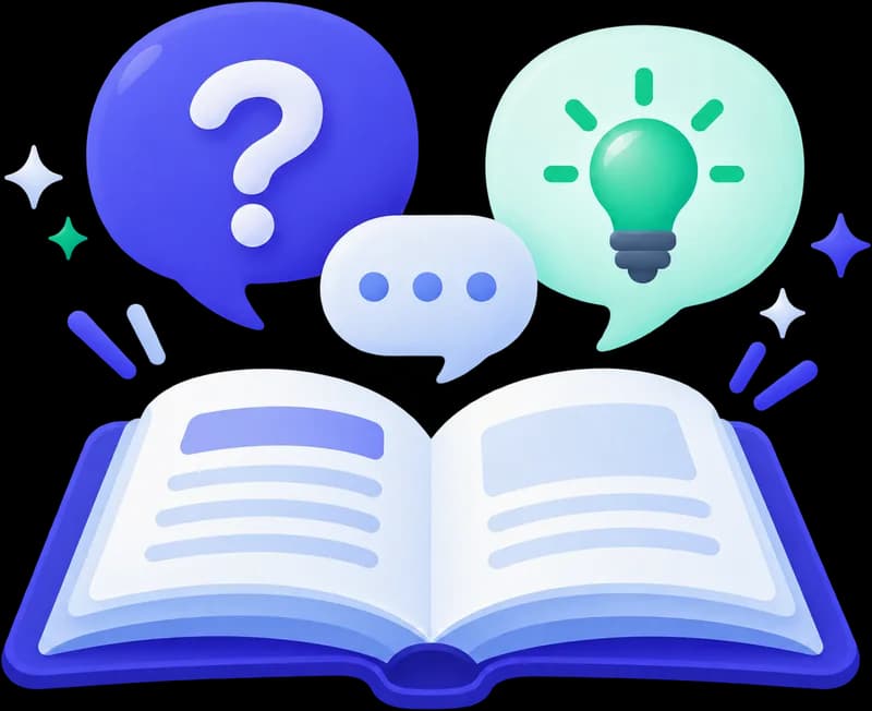 Question and light-bulb speech bubbles above an open help book