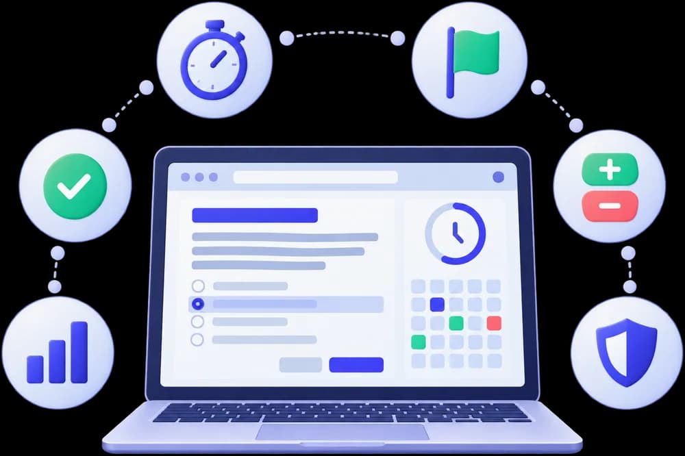 A laptop showing the myedubuddy exam interface, surrounded by feature icons