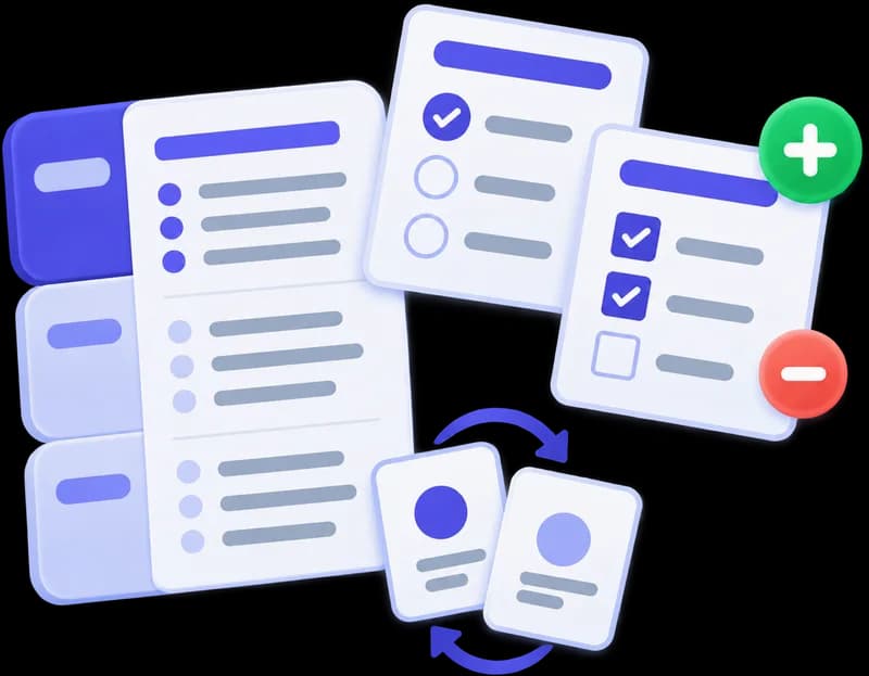 Answer cards with ticked options beside plus and minus score badges