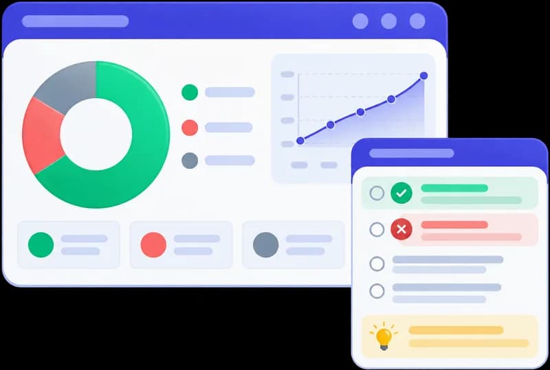 A results dashboard with a donut chart, a rising line chart and an answer review card