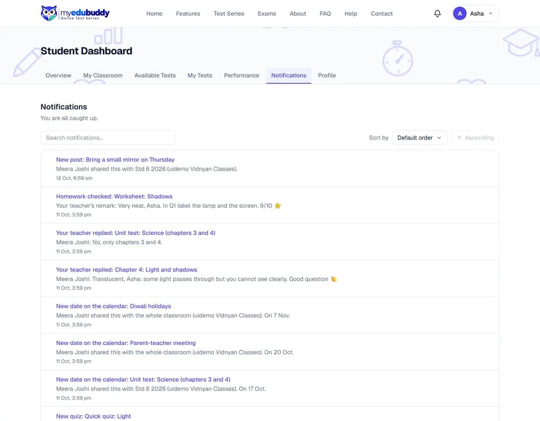 The list of notifications
